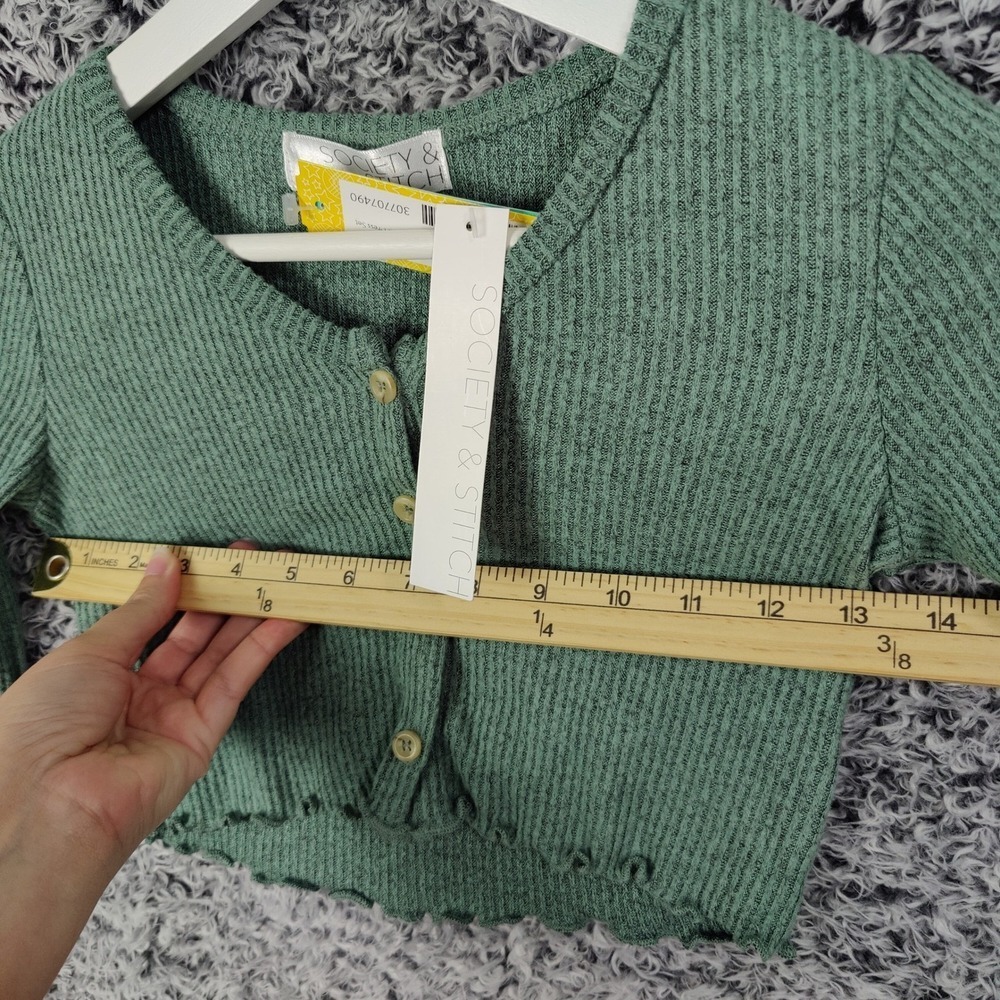 Society + Stitch Women Cottagecore Cardigan M Green Kaia Cropped Ribbed Knit NEW - Picture 3 of 8